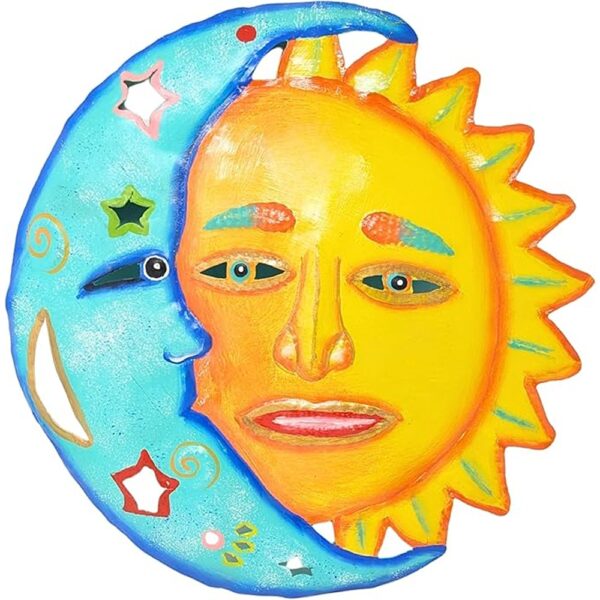 Handcrafted Haitian metal sun and moon face wall art decor.