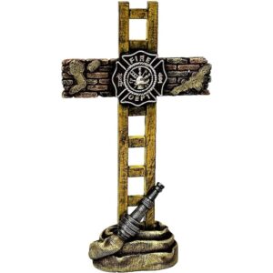 Firefighter Standing Cross Memorial Statue Spiritual Tabletop Shelf Decor