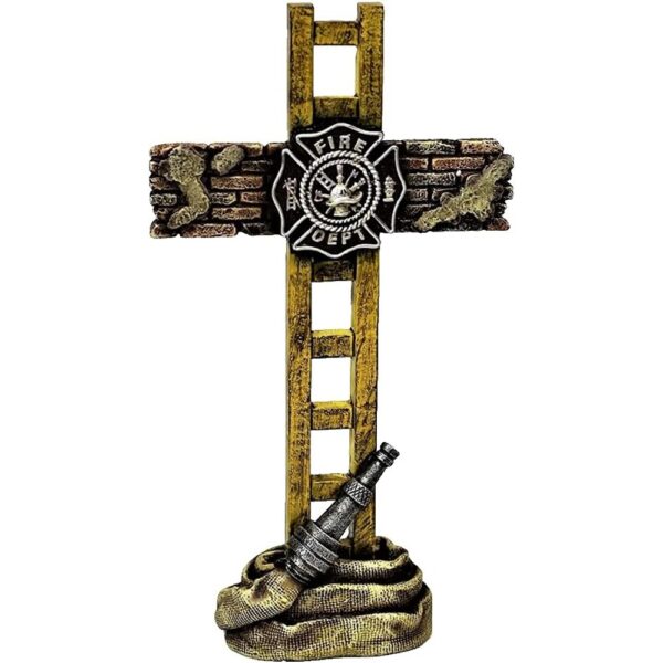 Firefighter Standing Cross Memorial Statue Spiritual Tabletop Shelf Decor