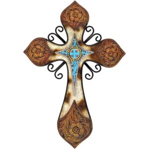 Rustic Western Wall Cross with Faux Cowhide and Turquoise Accent Decor