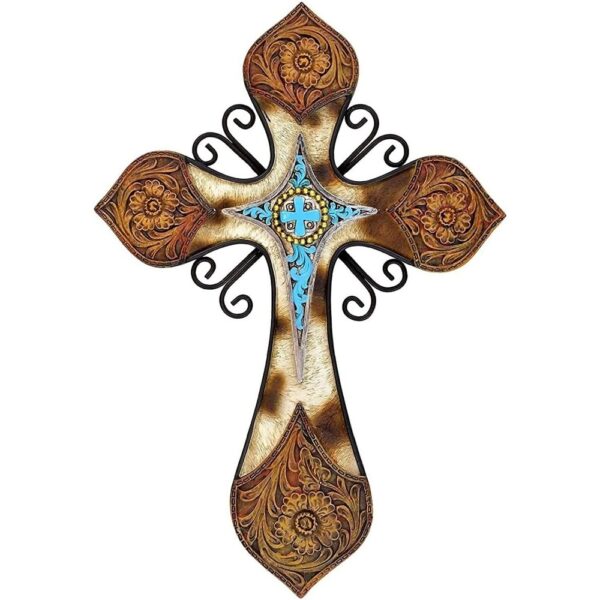 Rustic Western Wall Cross with Faux Cowhide and Turquoise Accent Decor