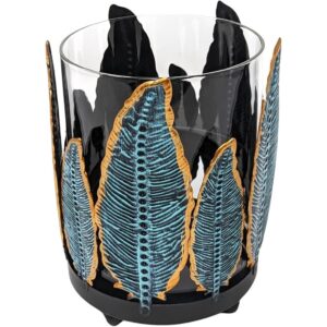 Southwest-style metal feather candle holder with removable glass hurricane chimney.