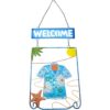 Tropical metal welcome sign featuring a coastal, sun-drenched beach theme.