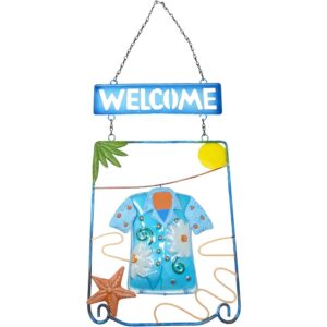 Tropical metal welcome sign featuring a coastal, sun-drenched beach theme.