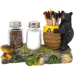 1 (33) Rustic bear and beehive salt, pepper, and toothpick holder set.