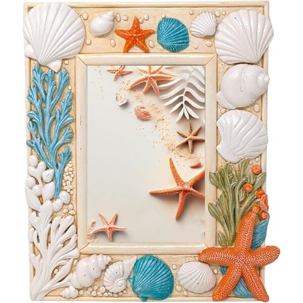 Coastal 4x6 resin frame with starfish and seashells for decor.