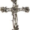 Rustic Vintage Silver Tone Rose and Thorn Wall Cross Decor