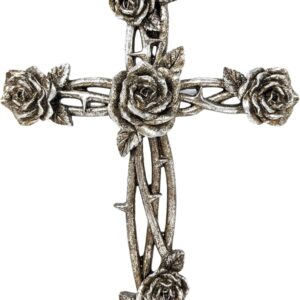 Rustic Vintage Silver Tone Rose and Thorn Wall Cross Decor