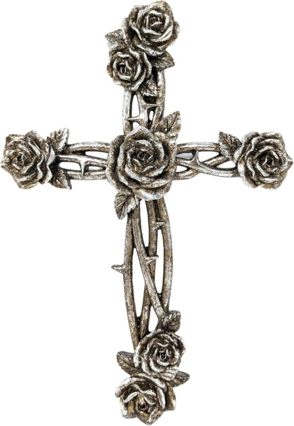 Rustic Vintage Silver Tone Rose and Thorn Wall Cross Decor