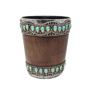 Southwestern Faux Leather Resin Wastebasket with Turquoise Accent Decor