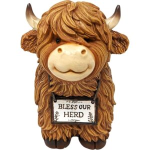 Charming Highland Cow Figurine with Bless Our Herd Sign Decor