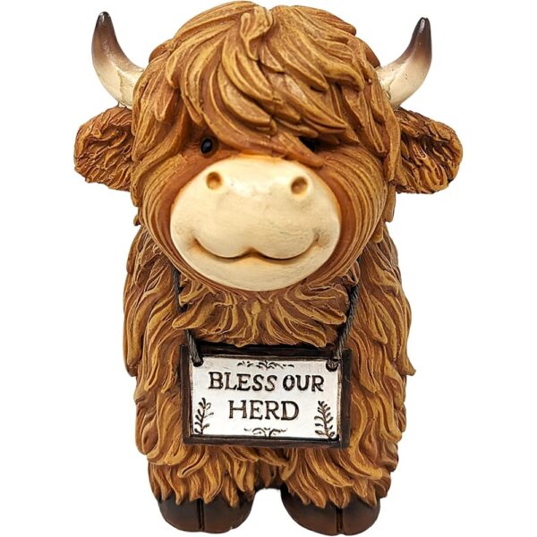 Charming Highland Cow Figurine with Bless Our Herd Sign Decor