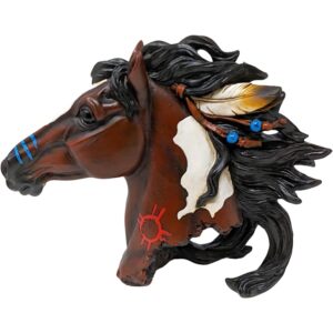 Western Horse Head Bust Figurine with Feather Accents Rustic Decor