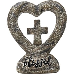 Rustic Resin Heart Cross Figurine Inspirational Religious Faith Home Decor