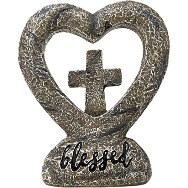 1 Rustic Resin Heart Cross Figurine Inspirational Religious Faith Home Decor