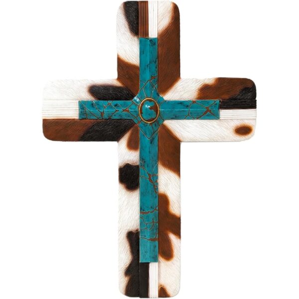 1 Southwestern Turquoise Cowhide Cross Rustic Faux Gemstone Religious Wall Decor