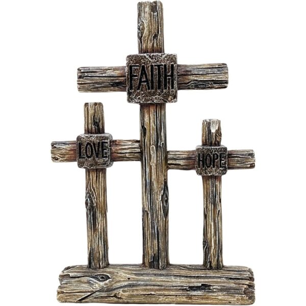 Triple Standing Cross Resin Faux Wood Faith Love Hope Inspirational Decor