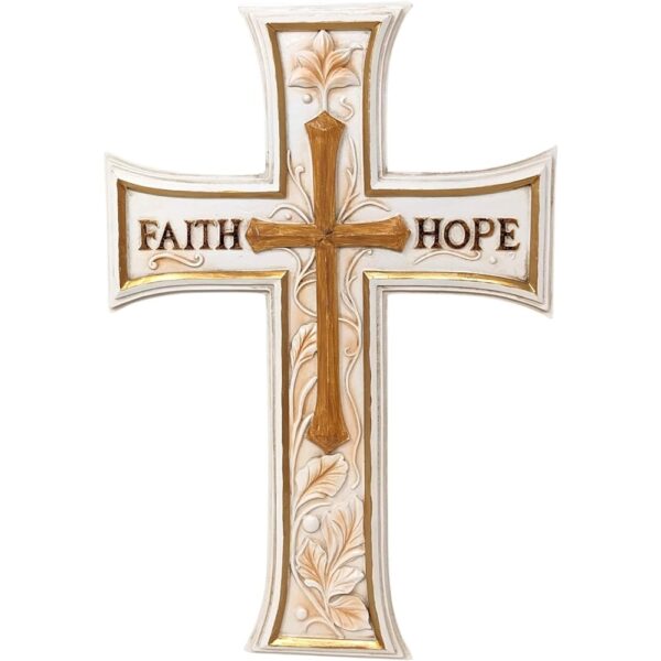White Cross Faith Hope Script Resin Spiritual Religious Wall Decor