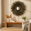 Elegant Thirty Four Inch Circular Wall Mirror Featuring Wispy Black Fiber Detailing