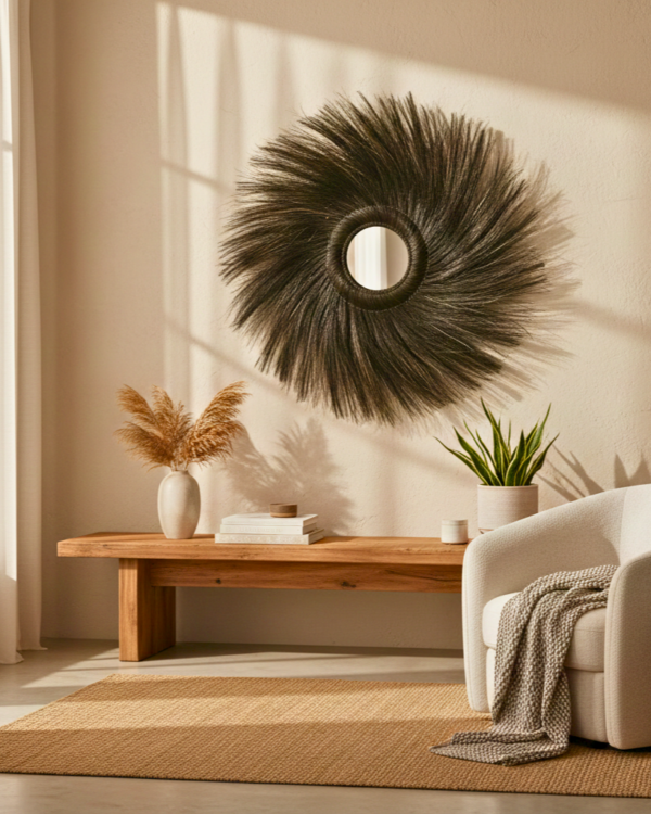 Elegant Thirty Four Inch Circular Wall Mirror Featuring Wispy Black Fiber Detailing