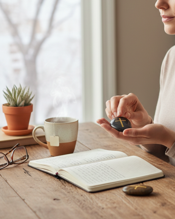 110a4650-f3b8-453d-9488-1a2f1c0810ef Hand-Polished Natural River Stones with Engraved Gold Christian Cross Emblems
