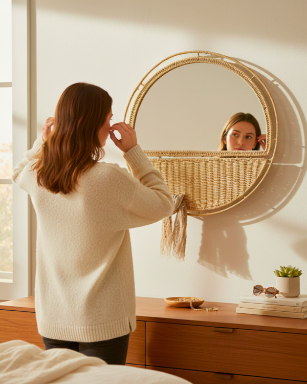 A stylish 20-inch circular wall mirror featuring woven paper rope details.