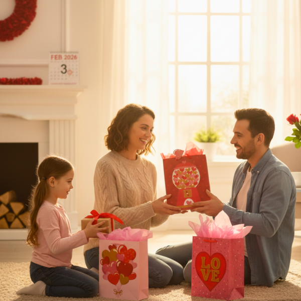 Four unique extra-large Valentine gift bag designs featuring various happy heart patterns.