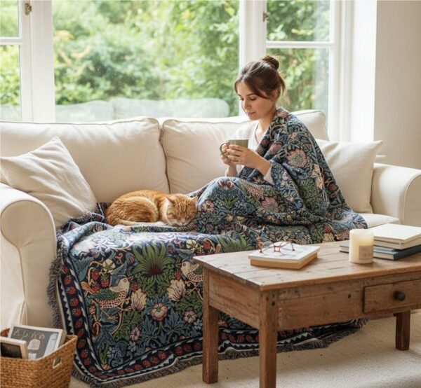 2 William Morris Strawberry Thief Blue Silk-Touch Throw Cozy Decorative Blanket