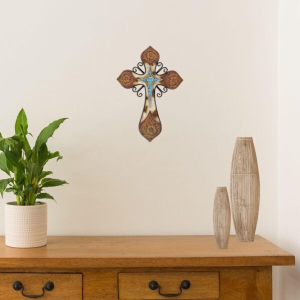 Rustic Western Wall Cross with Faux Cowhide and Turquoise Accent Decor