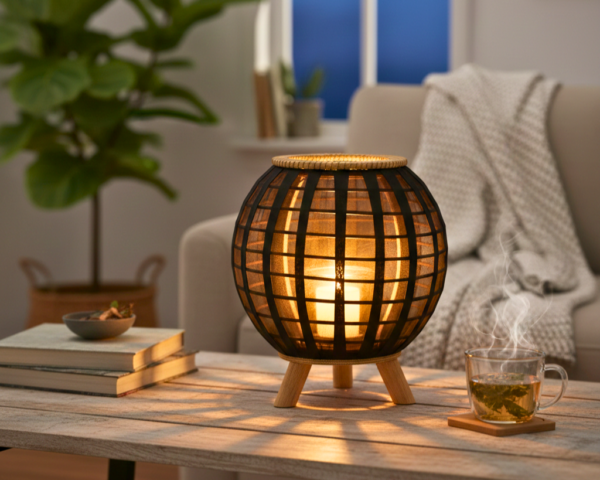 20cb7f73-a914-430d-8cce-a76fbec56021 Small 9.5" Black Bamboo Lantern with Sheer Fabric and Tripod Wood Legs