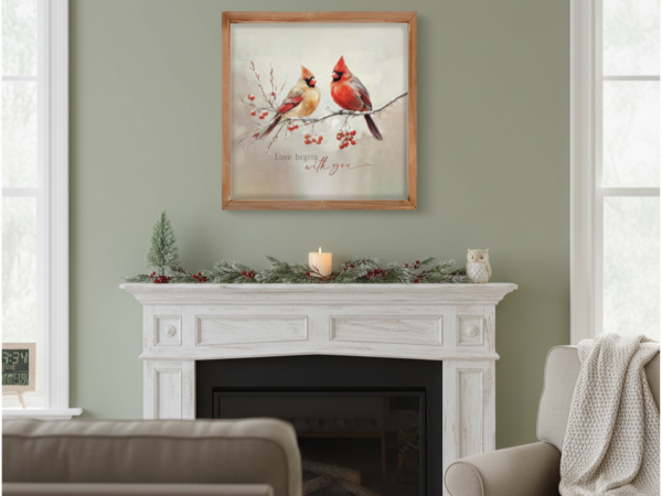 2138b20a-20f2-403f-8404-d90accbef210 "Love Begins With You" Framed Cardinal Couple Art with Wood Frame