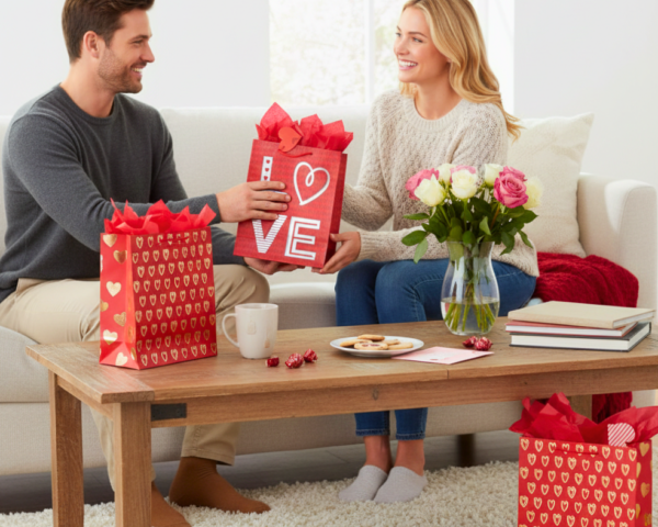 Four premium large Valentine gift bags with assorted hot-stamped "Love You Always" motifs.
