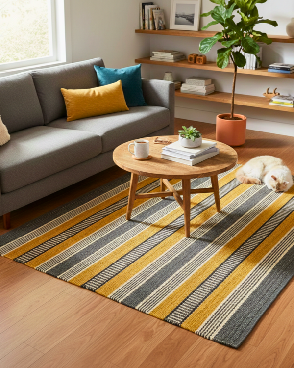 2491e098-9aba-45da-b252-206d270a572d Handwoven Gold and Slate Gray Striped Area Rug - 4' x 6'