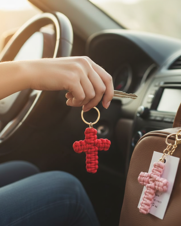 Woven Paracord Cross Keychains with "We Give" Verse Wooden Display