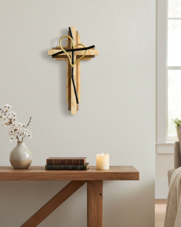 Double-Layered Mixed Media Cross of Strength with Gold Heart Accent