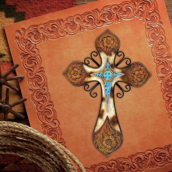 Rustic Western Wall Cross with Faux Cowhide and Turquoise Accent Decor