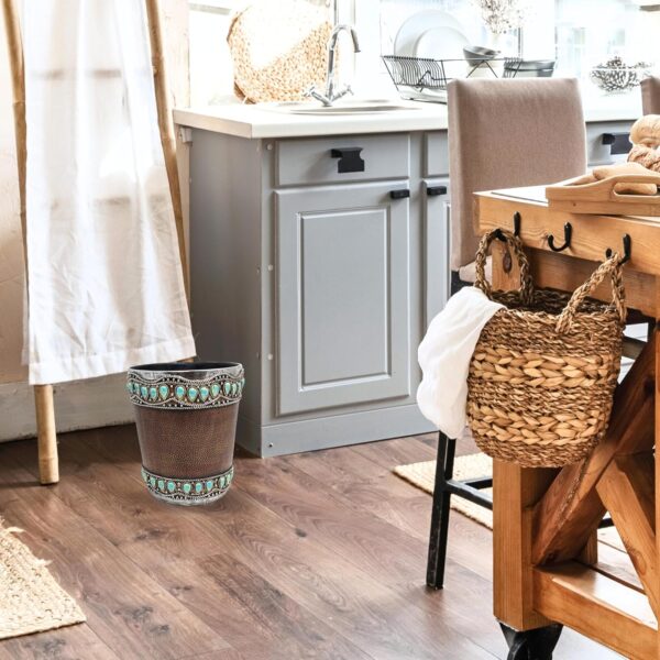 Southwestern Faux Leather Resin Wastebasket with Turquoise Accent Decor