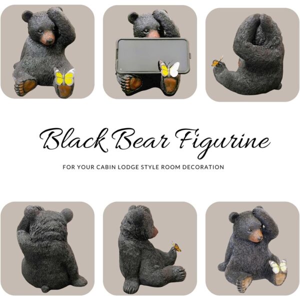 Whimsical Black Bear Figurine with Butterfly, Cabin Decor Phone Stand