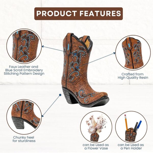 Small Cowboy Boot Vase Figurine with Blue Scroll Western Design