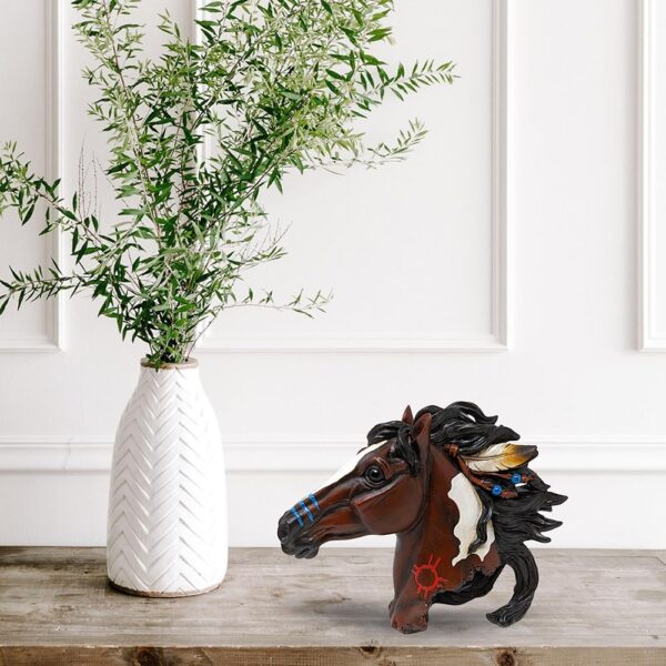 Western Horse Head Bust Figurine with Feather Accents Rustic Decor