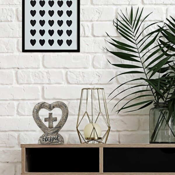 3 Rustic Resin Heart Cross Figurine Inspirational Religious Faith Home Decor