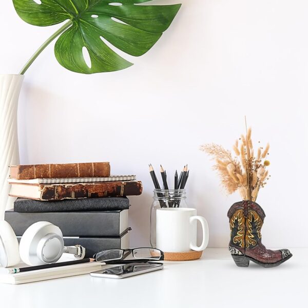Small Cowboy Boot Vase Figurine Rustic Brown Black Western Decor