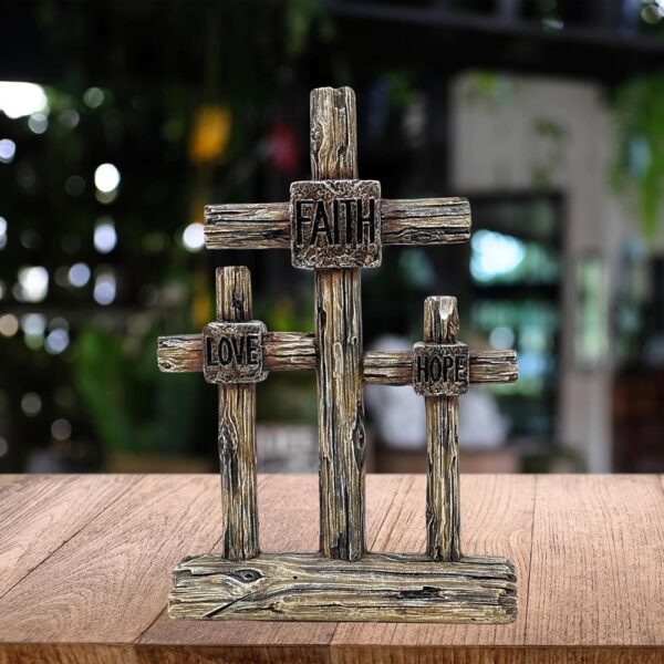 Triple Standing Cross Resin Faux Wood Faith Love Hope Inspirational Decor