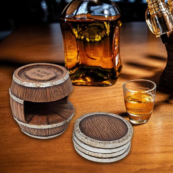 3 Rustic Western Barrel Resin Coaster Set with Holder Decor