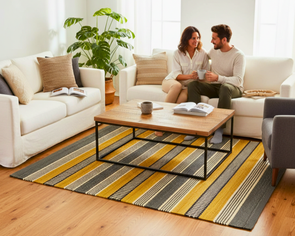 30b3ac95-5cc8-4a20-9e9a-8681c8d2cd1b Handwoven Gold and Slate Gray Striped Area Rug - 4' x 6'