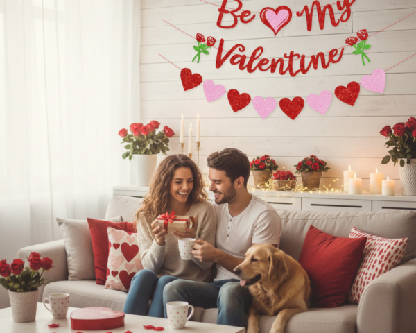 33b008e9-0c92-4e56-8446-98fd240b28f4 Romantic Red Glitter Valentine Banner Set with Rose and Heart Decorations