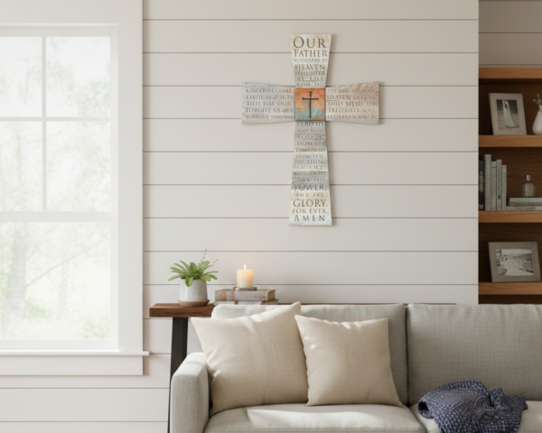 Rustic Wooden Wall Cross with The Lord's Prayer and Centered Nail