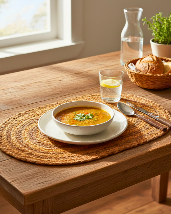 A 20-inch wide oval mustard jute placemat featuring rustic braided textures.