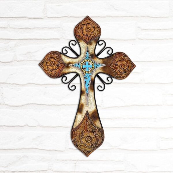 Rustic Western Wall Cross with Faux Cowhide and Turquoise Accent Decor