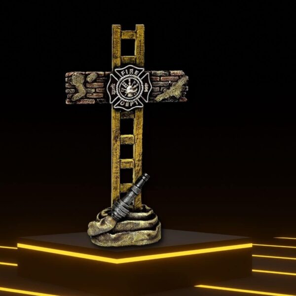 Firefighter Standing Cross Memorial Statue Spiritual Tabletop Shelf Decor